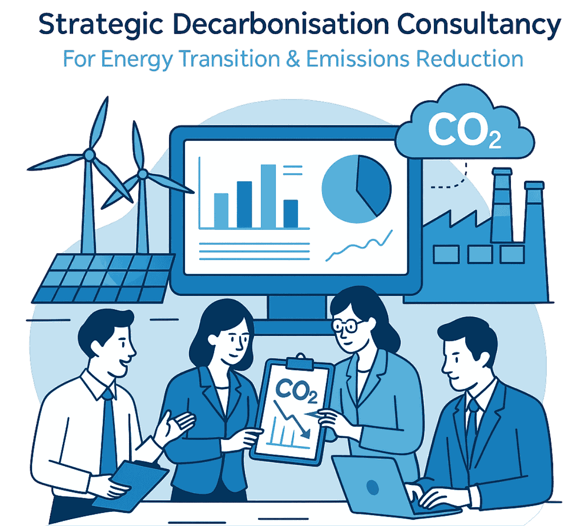 Illustration of strategic decarbonisation consultancy team working on energy transition plans, emissions reduction data, and CO2 management using clean energy solutions.