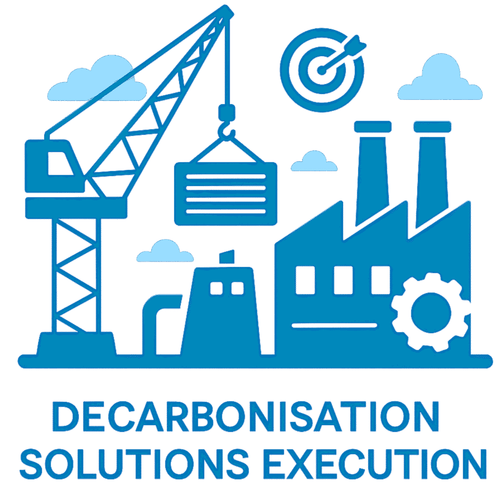 Flat-style illustration showing decarbonisation solutions execution, energy efficiency and decarbonisation solutions with renewable energy systems, energy transition installations, and project planning for low-carbon strategy targets