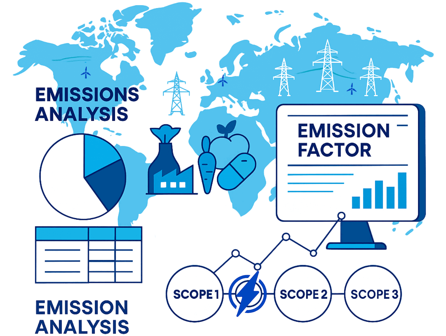 Flat-style illustration of global emissions analysis showing emission factors, industry sectors, Scope 1, 2, and 3 emissions, and energy infrastructure across regions.