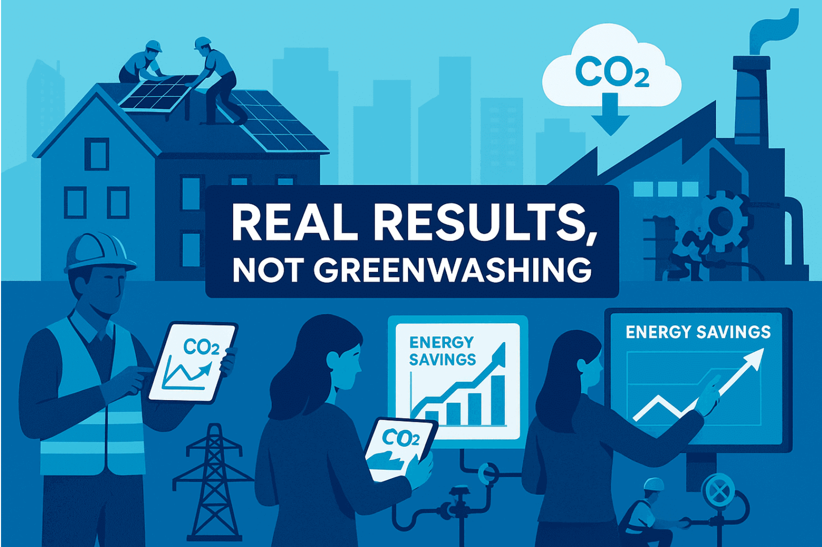 Illustration showing real-world decarbonisation project implementation, featuring technical teams installing sustainable energy systems with measurable emissions reductions and no greenwashing.