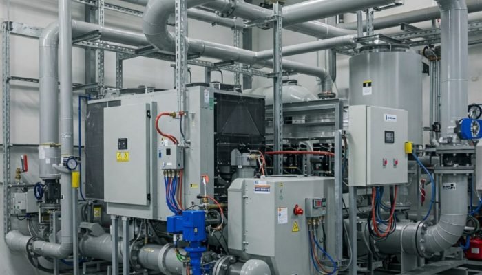 Industrial Heat Pump for Decarbonisation Industrial heat pump system integrated into a manufacturing plant, capturing and reusing waste heat to reduce energy consumption and industrial CO₂ emissions.